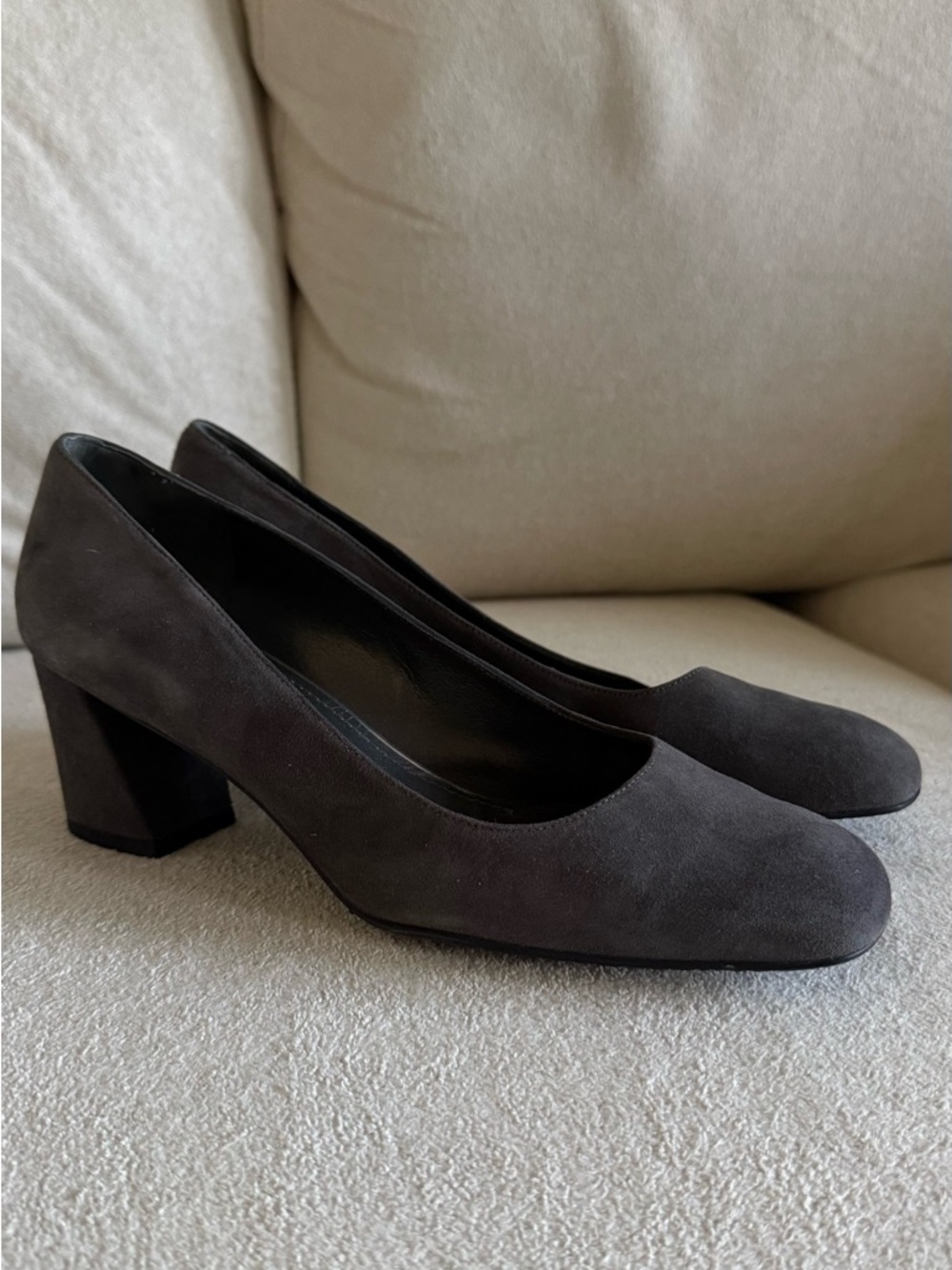 Stuart Weitzman Charcoal Suede Block Heel Pumps